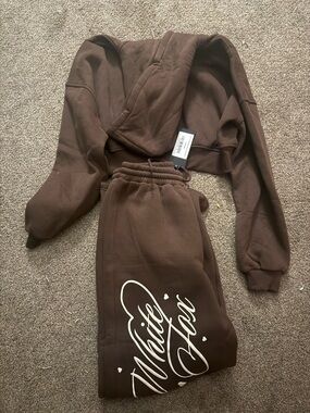 White Fox Boutique Brown Track Jogger Set with Cream Logo